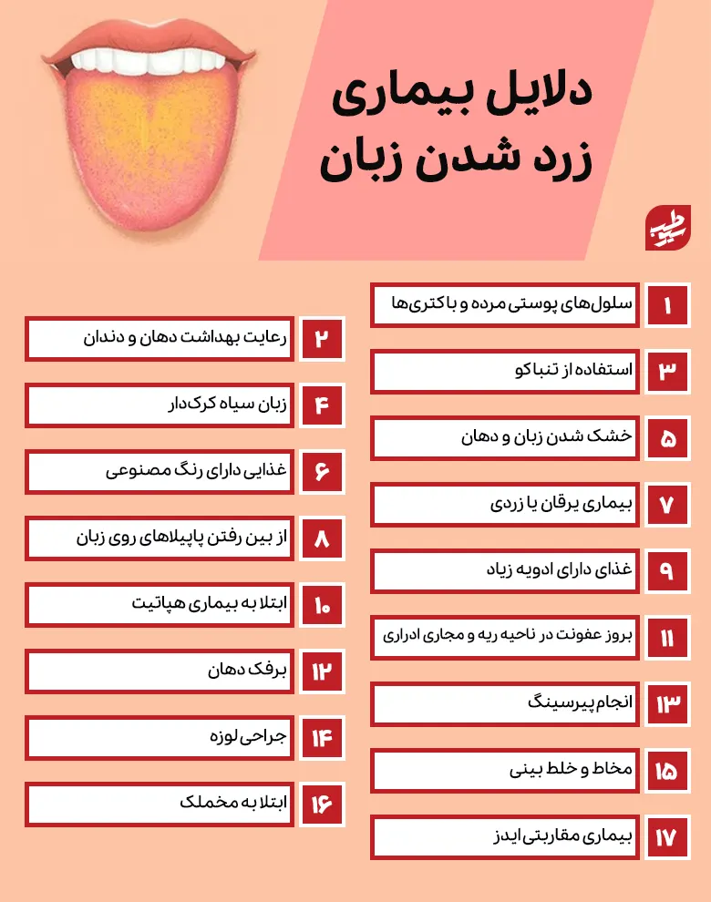 بیماری یرقان یا زردی، از بین رفتن پاپیلاهای روی زبان، غذای دارای ادویه زیاد، بیماری هپاتیت و برفک دهان می‌توانند علت زرد شدن زبان باشند|سیوطب